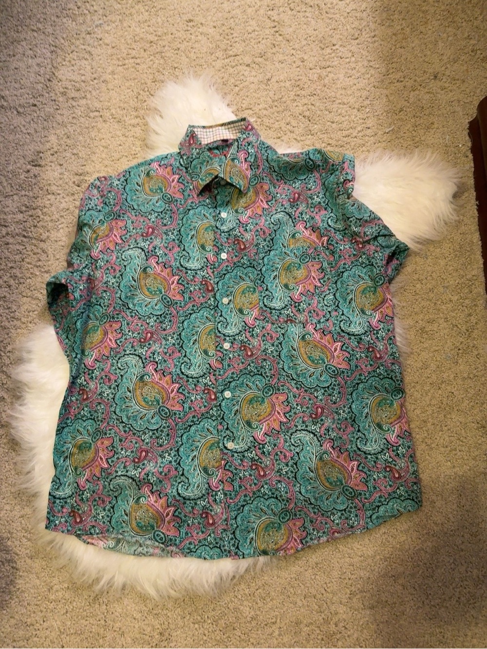 Alan Flusser Men’s Large Teal Pink Paisley Cotton Button Down Shirt